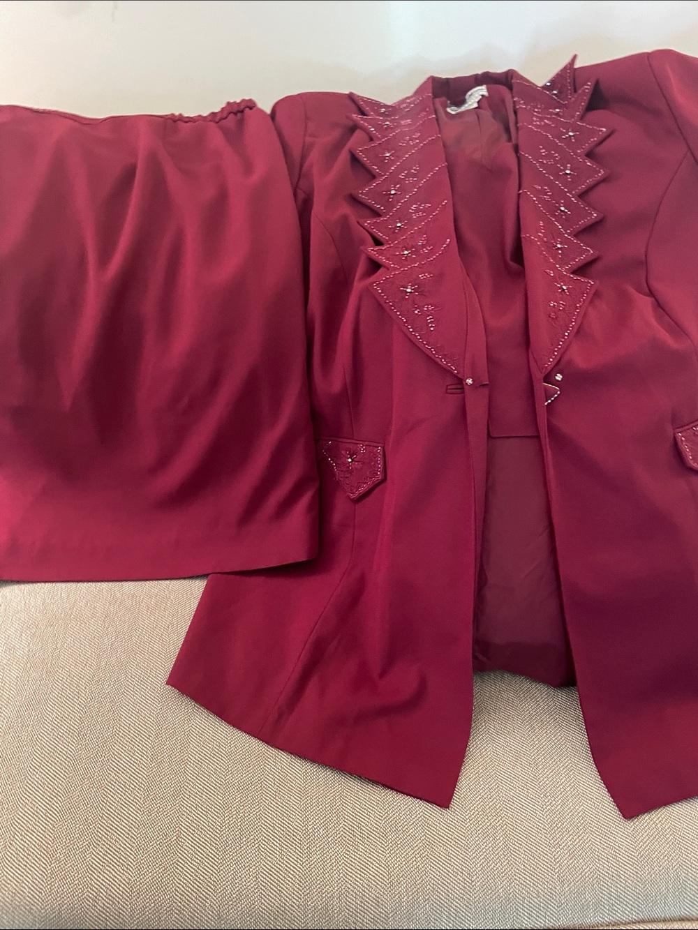 Women's Beaded Wine Red Blazer and Skirt Set